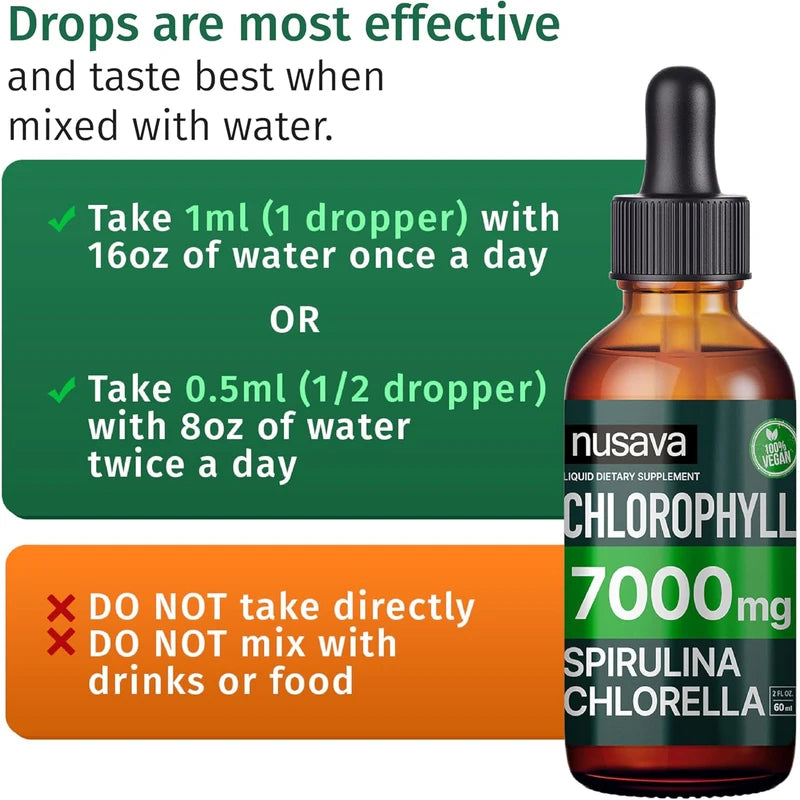 (2 Pack) Vegan Chlorophyll Liquid Drops 7000mg for Immune Support, Energy, Gut & Skin Health, 4-in-1 Liquid Chlorophyll Drops - 100mg, Spirulina, Chlorella, & Copper - Internal Deodorant, 4 Fl Oz