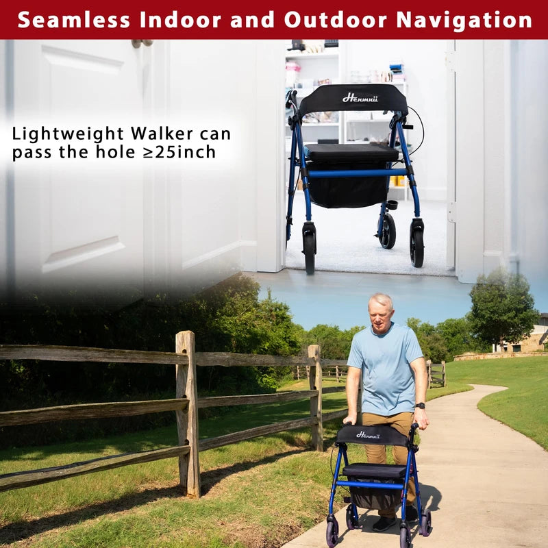 Walker for Seniors, Lightweight Rollator Walker with seat, Foldable Rolling Walker with 8 inch All Terrain Rubber Wheels, Ergonomic Adjustable Handles and Backrest for Seniors and Adult.