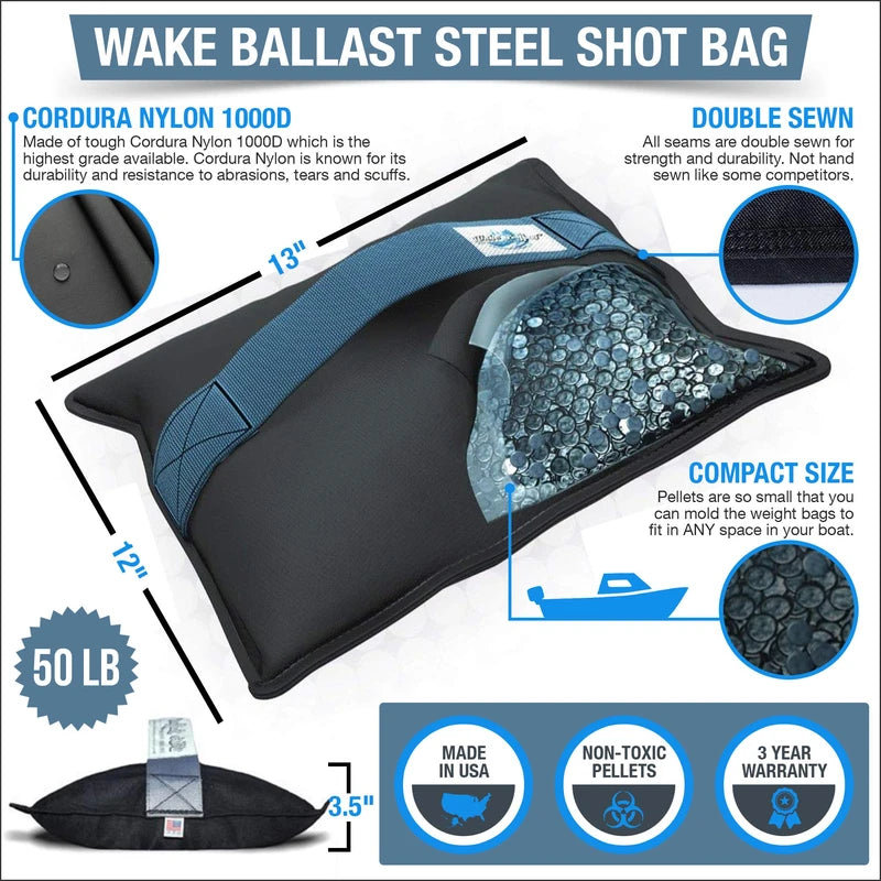 Wake BALLASTExtra fine Steel Shot Bag (50 Lb.Weight Filled) for Wakesurf Boats, Makes The Best Waves for Wake Surfing, Weight 50LBS,1000D Cordura Nylon, 3 Year Warranty, Made in USA
