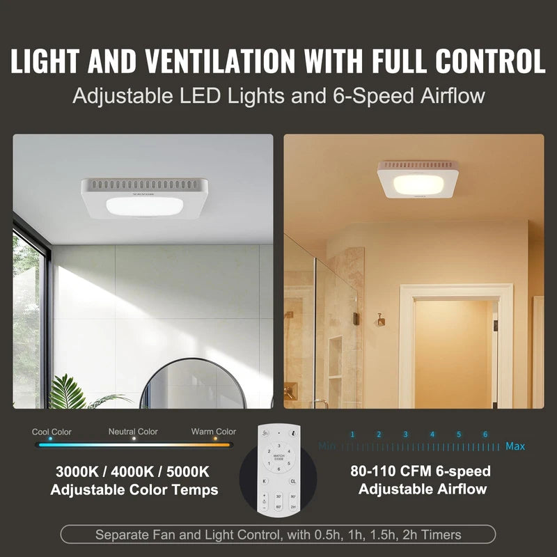 VEVOR Bathroom Exhaust Fan, 110 CFM High-Efficiency Ventilation, 1.5sones Low Noise Operation All-Copper Motor, Remote Control, Energy-Saving Bathroom Ceiling Fan For Various Ceilings