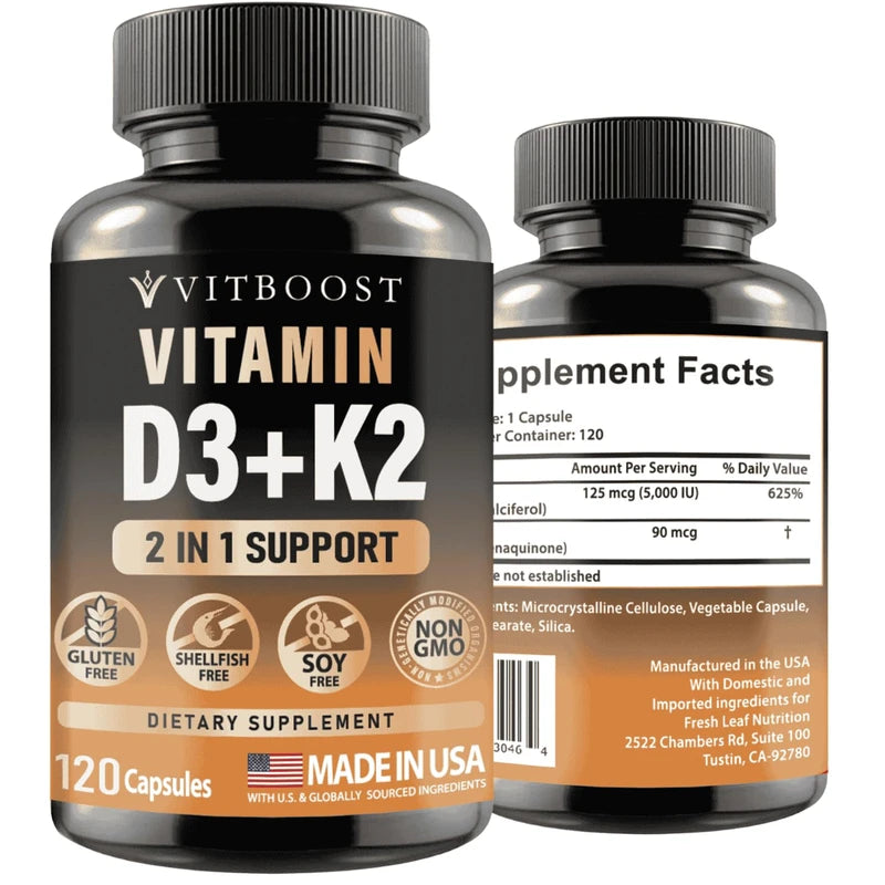 VITBOOST Vitamin D3 K2 Complex - Easy to Swallow - Vitamin D (D3) 5000 IU (125 mcg) & K2(MK-7) 90 mcg | Non-GMO | Gluten-Free | USA Made | 120 Capsules