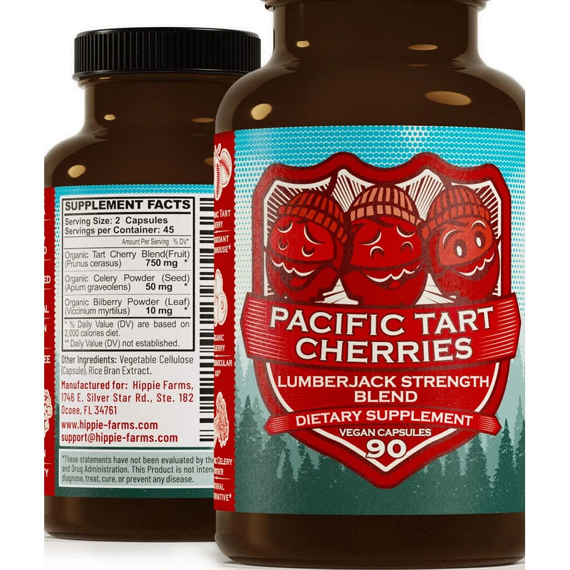 Hippie Farms Tart Cherry Capsules Grown in USA - Lumberjack Strength Blend - Tart Cherry Powder with Bilberry 90 Vegan Pills