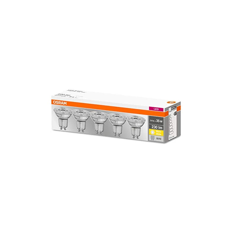 Osram LED Base PAR16, Socket: GU10, Non-Dimmable, Warm White, Replaces a Standard 35 Watt Lamp, 36 Degree Beam Angle, Pack of 5