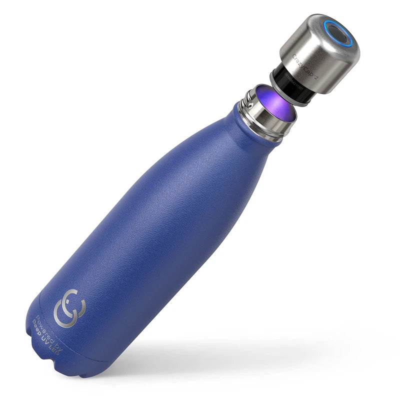 CrazyCap 2.0 UV Water Purifier & Self Cleaning Stainless Steel Insulated Water Bottle - Turns Any Water Source Into Clean Drinkable Water - Perfect for Hiking, Camping, Travel and Survival