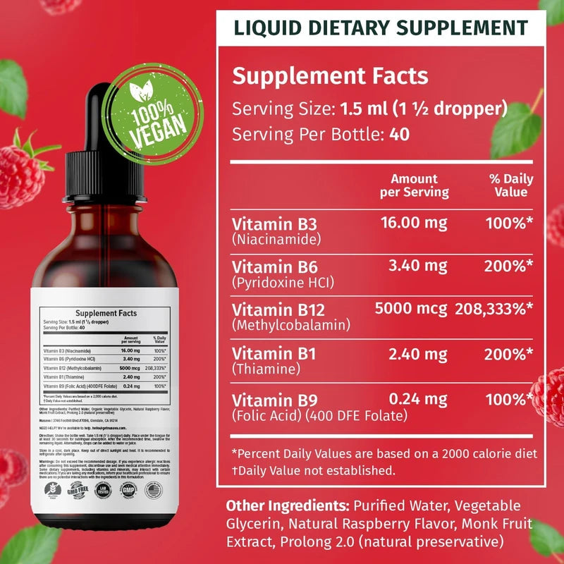 NUSAVA (2 Pack) Vitamin B12 Liquid Drops, Vitamin B Complex, Vegan B12 Sublingual 5000 mcg with Vitamin B6, Liquid B12 Methylcobalamin Supports Energy, Brain & Heart with 27,200 mcg Per Serving, 80 Servings