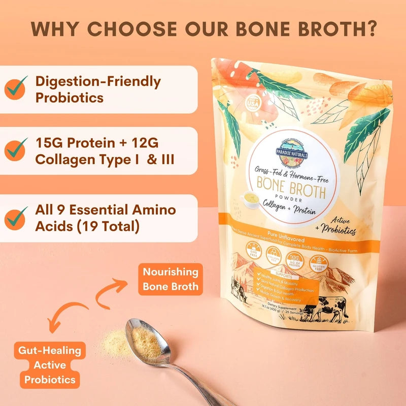 Paradise Naturals 100% Grass-Fed Beef Bone Broth Protein Powder -Active Probiotics- Collagen Peptide Rich, 15g Protein, Non-GMO, Low Sodium, Healthy Skin Hair Joints, Gut Health, Paleo Keto, No Gluten