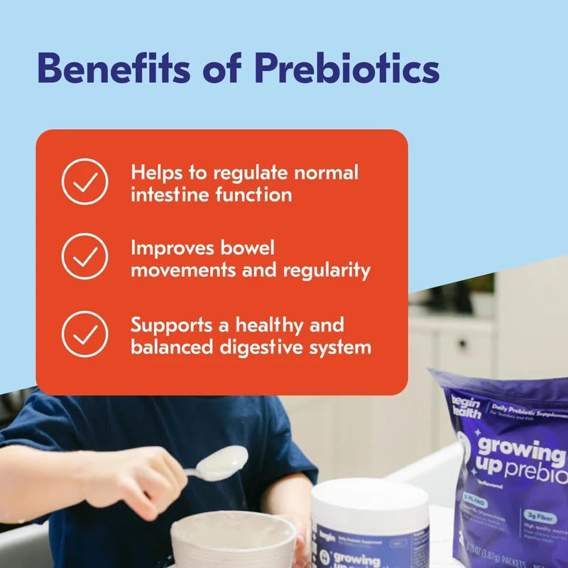 Begin Health Daily Growing Up Prebiotics 28-Pack - Kids Digestion Powder, for Constipation Prone Kiddos | Softens Stool for Easy Pooping | Fiber Rich w/Chicory Root, Tasteless & Textureless