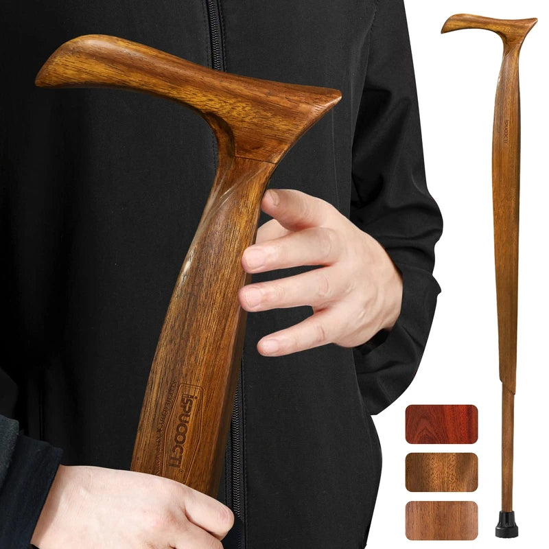 ispuoocti Wooden Walking Cane for Men and Women -Natural Solid Wood, 3 Rubber Tips, Heavy Duty, with Travel Bag- Wooden Walking Stick, Ergonomic Canes for Seniors Unisex Walking Canes