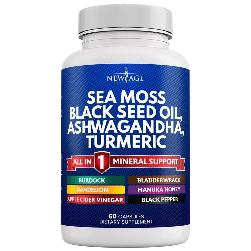 New Age Sea Moss 3000mg Black Seed Oil 2000mg Ashwagandha 1000mg Turmeric 1000mg Bladderwrack 1000mg Burdock 1000mg- with Manuka, Honey Dandelion, ACV Black Pepper Gluten Free Healthcare Supplement Dietary Edible - Size: 5 Bottles