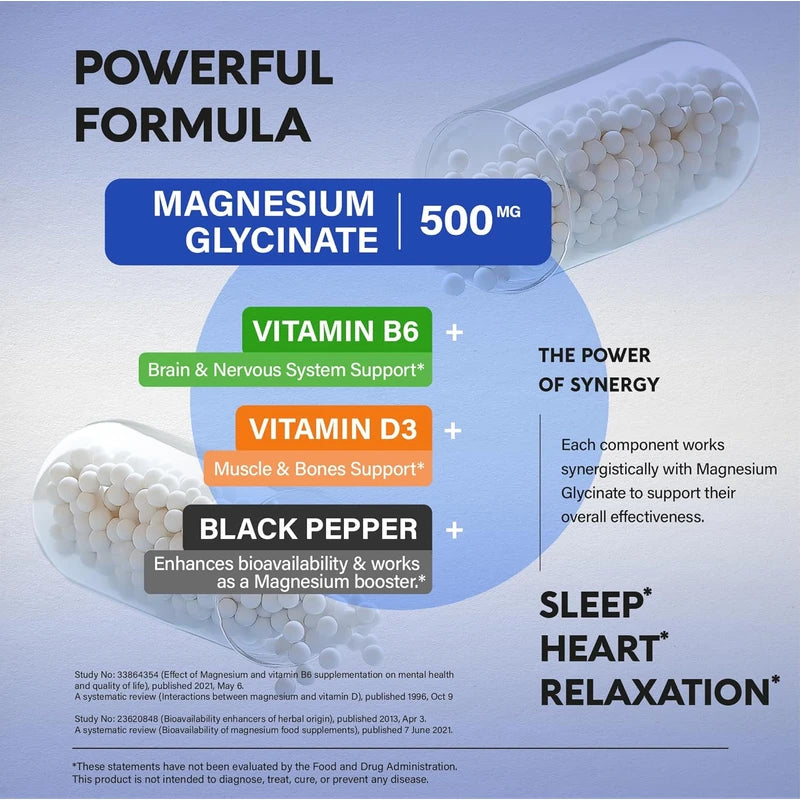Glicinato de magnesio 500 mg – Suplemento quelatado – 98% de alta absorción – Apoyo para el sueño, la salud muscular y cardíaca – Fabricado en Estados Unidos, probado en laboratorio y sin OMG – 120