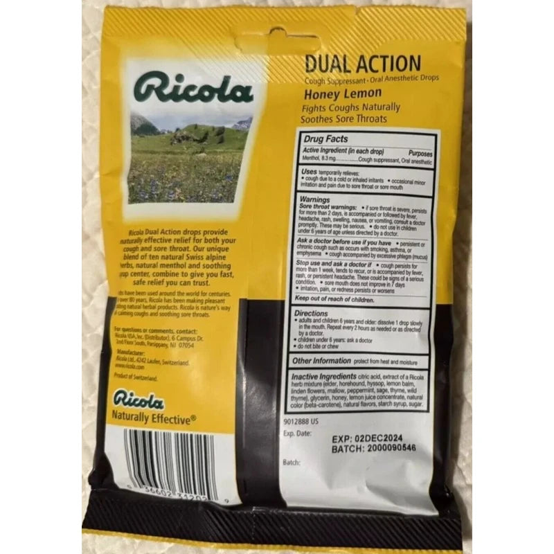 Ricola 2 Bags Ricola Dual Action Extra Relief Cough Drops Honey Lemon 19 Ct Exp: 12/24