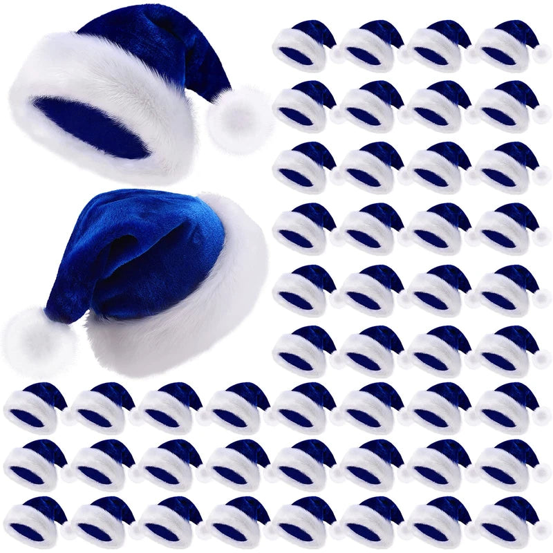 Vicenpal 50 Pcs Santa Hat Bulk Christmas Hat Plush Velvet Party Hat for Men Women Christmas Party Decoration and Supplies(Blue)