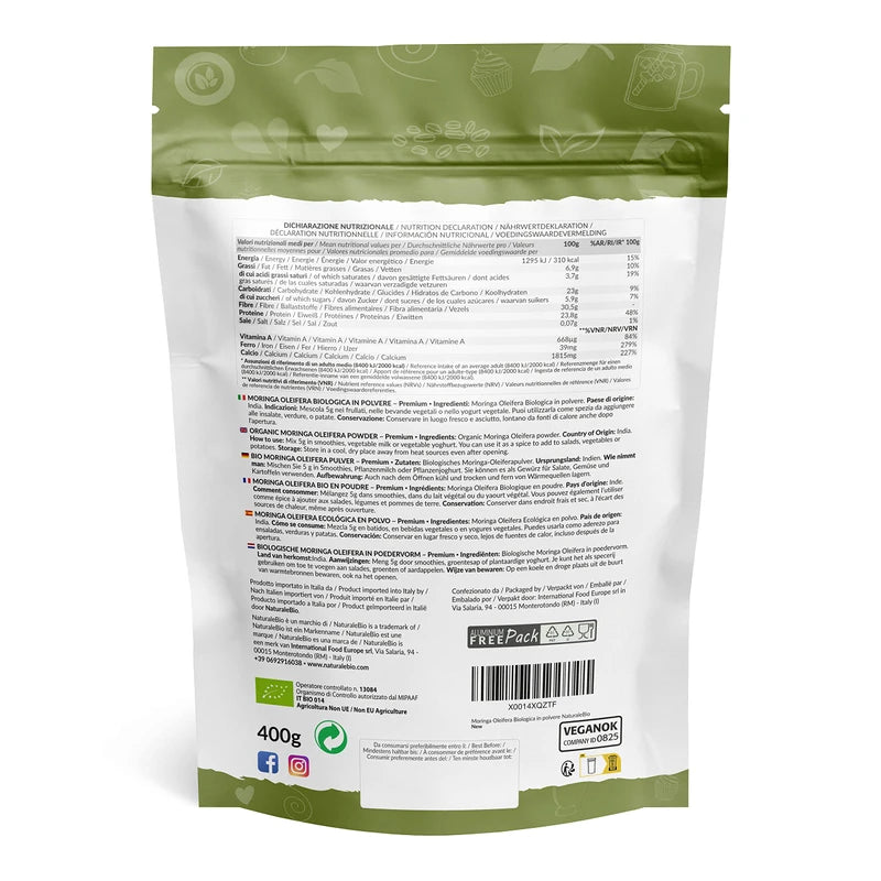 Organic Moringa Oleifera Leaf Powder - Premium Quality - 400g. Bio, Natural and Pure. Leaves Picked from The Moringa Oleifera Plant. NaturaleBio