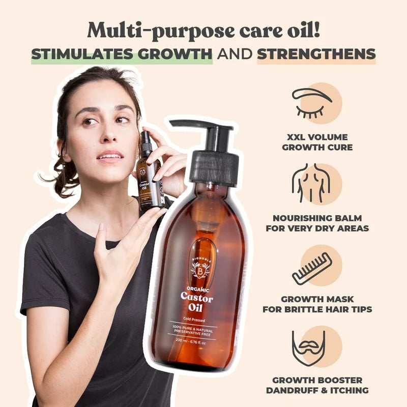 Bionoble Organic Castor Oil 200ml - 100% Pure, Natural and Cold Pressed - Lashes, Eyebrows, Body, Hair, Beard, Nails - Vegan and Cruelty Free - Glass Bottle + Pump