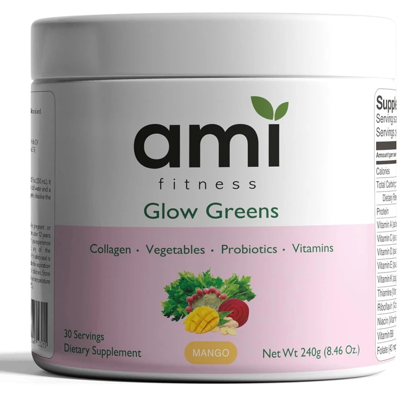 Glow Greens Powder, Collagen with Probiotics, Vitamins, Digestive Enzymes, Superfoods, Gut Health, Bloating Relief, Radiant Skin, Natural Glow, Spirulina, Juice Mix, 30 SVG, Mango