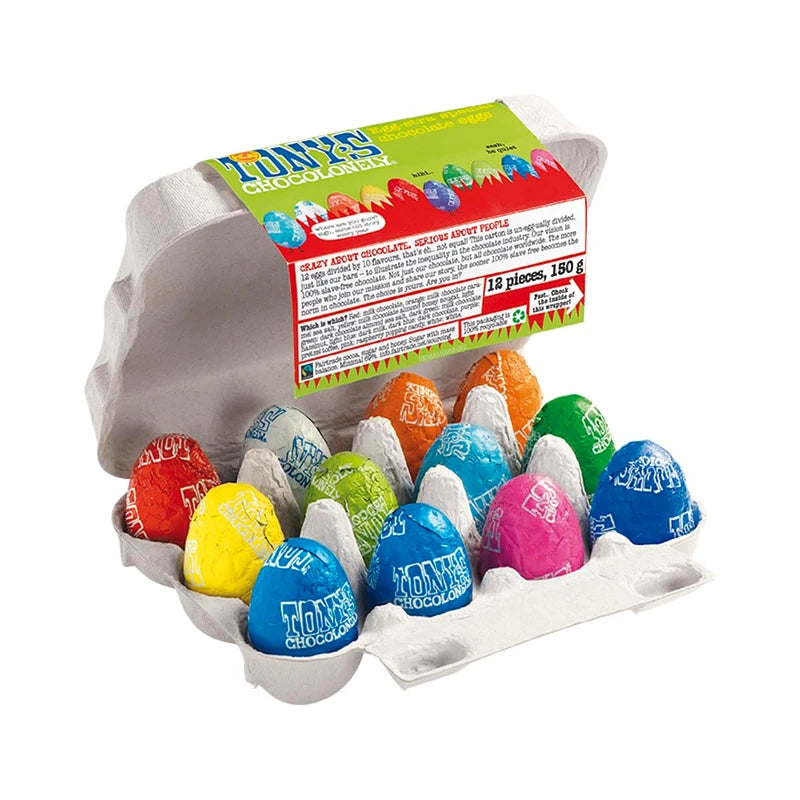 Tony's Chocolonely Easter Eggs Assortment - 12 Easter Eggs in Foil - Fairtrade Belgian Chocolate - Easter Gifts - Chocolate Box - Mini Eggs - Family Chocolate