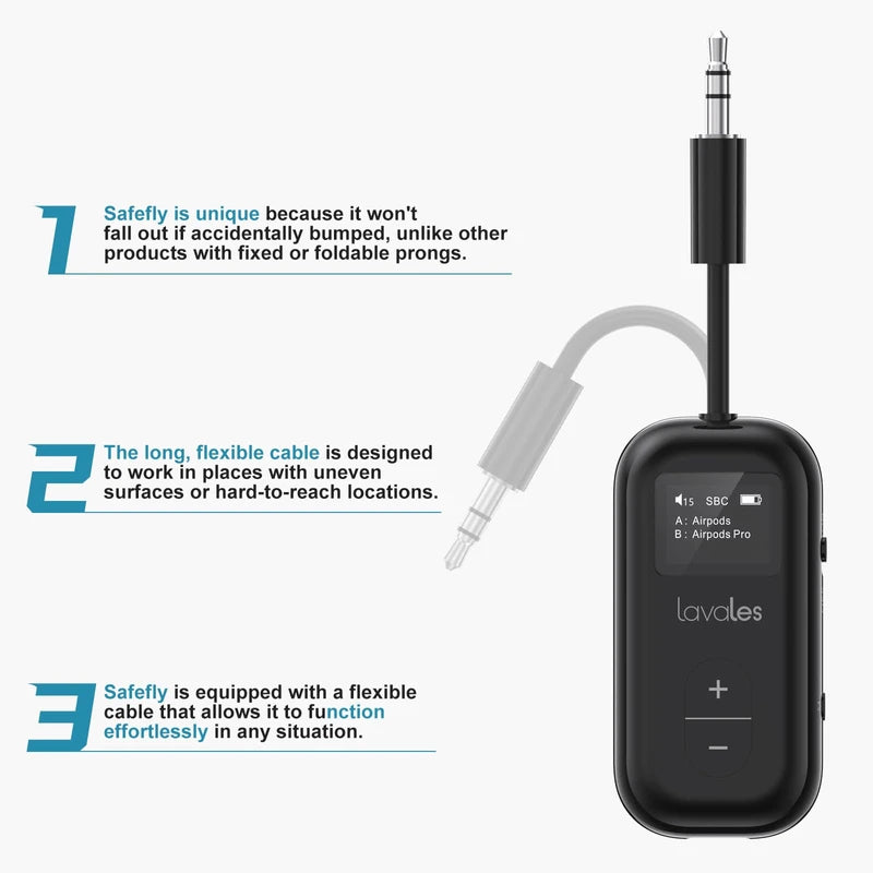 SafeFly Dual Premium Bluetooth 5.3 Transmitter Bluetooth Adapter w/Screen for AirPods or Wireless Headphones - Use with Any 3.5 mm Audio Jack for Airplanes, TV, MP3 Player, PC, Switch