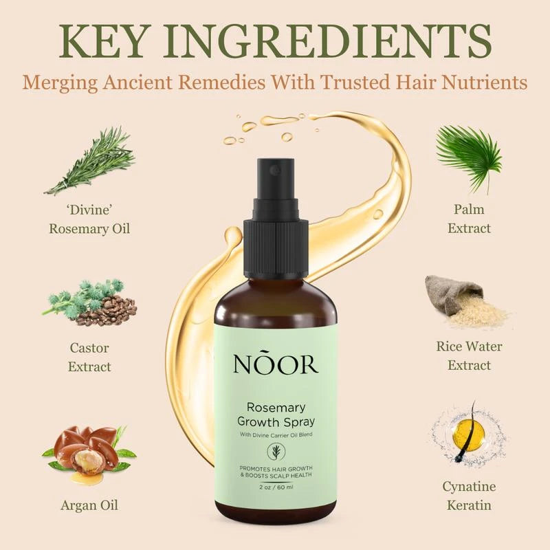 Noor Hair Rosemary Growth Spray - Hair Growth with Rosemary, Green coffee bean, Biotin, Cynatine Keratin, and MCT Oil from Palm Leaves - Thicker Hair - Scalp Itchiness Relief - 2 FL Haircare Nourishing