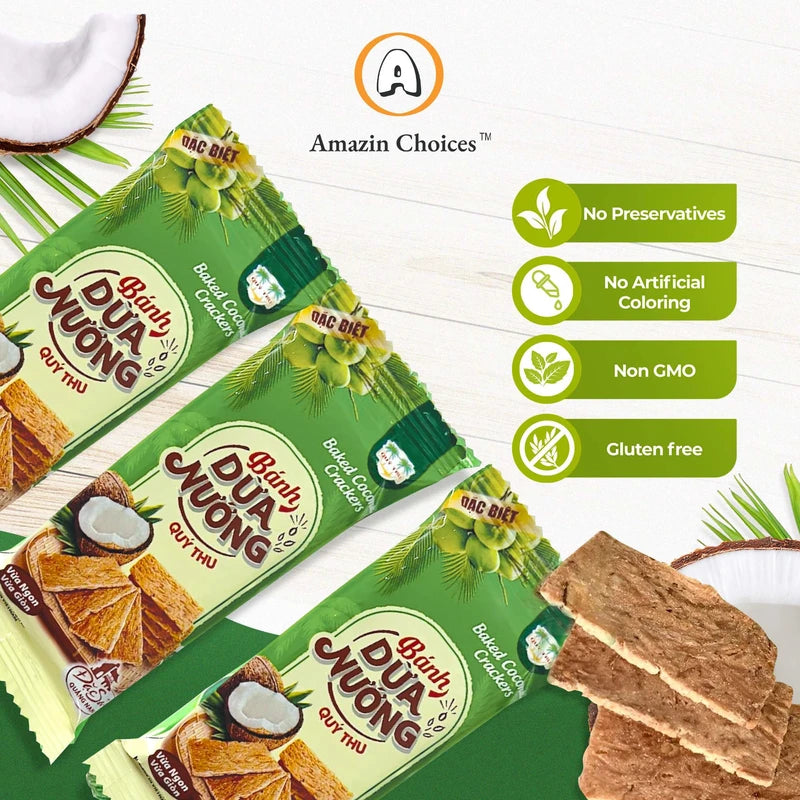 Amazin Choices Baked Coconut Crackers - Vegan, Non-GMO, Gluten-Free Coconut Snack, Crispy Snack, Party Snack, Coconut Slices Snack Viet, Coconut Chips - 7.4 Oz
