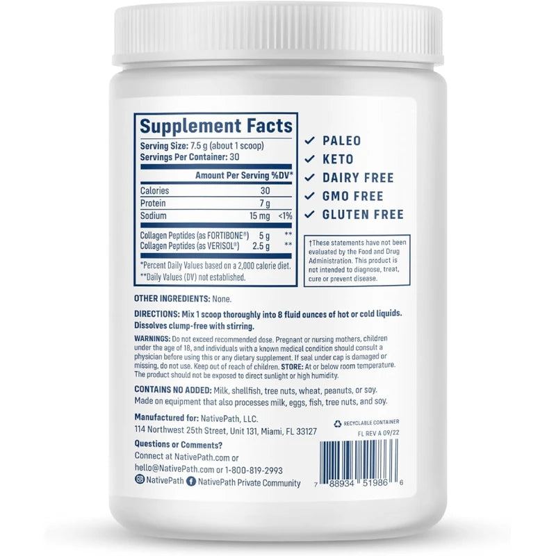 NativePath Bone Health Collagen Peptides, Type 1 & 3 Peptides, with Fortibone and Verisol, 7.9 Ounce, 30 Servings
