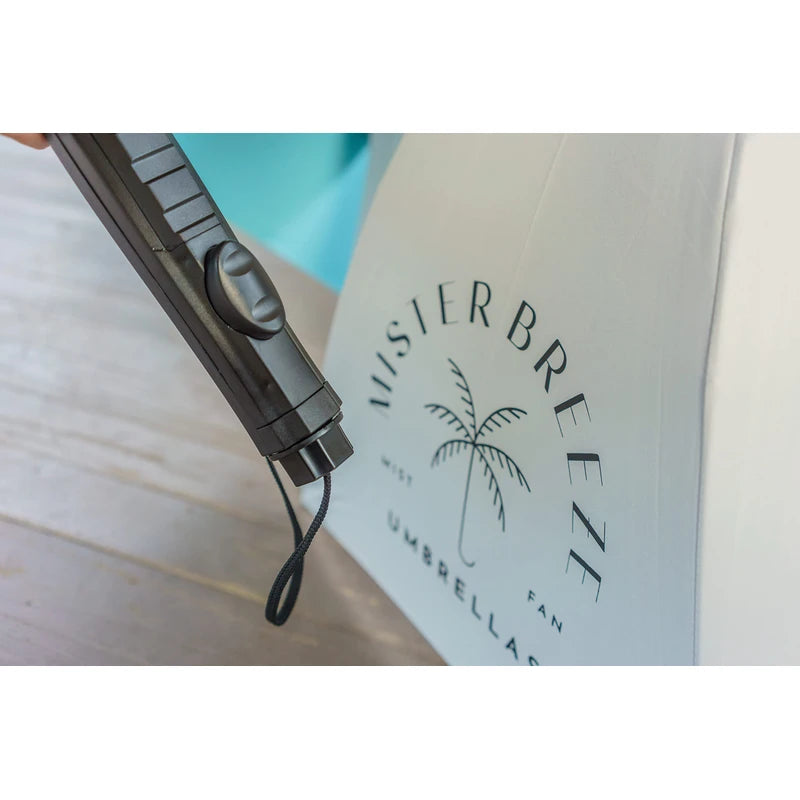MISTERBREEZE Gray Umbrella with Fan and Mister. A portable misting fan that blocks 99.9% of all UVA and UVB rays. Personal outdoor sun protection at festivals, beach, golf or other sports activities.