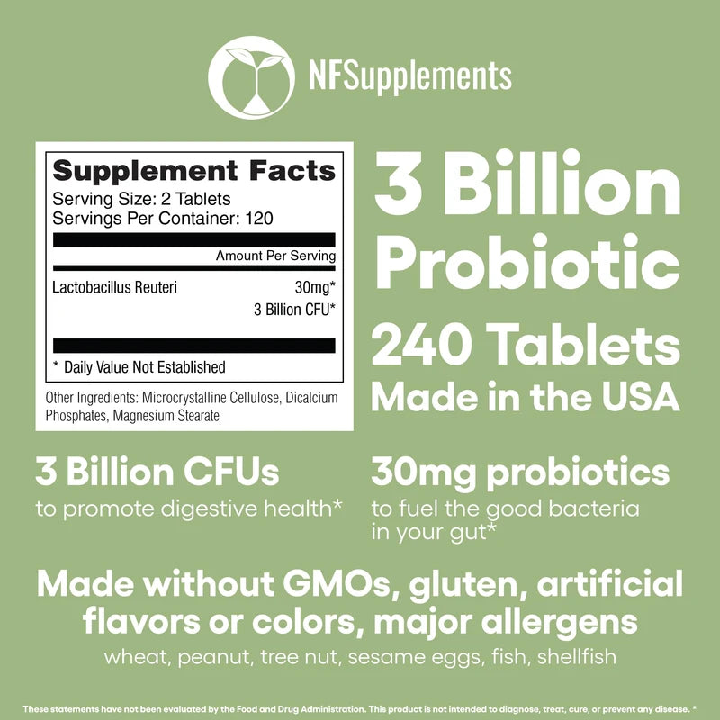 Natural Foundation Supplements Lactobacillus Reuteri Probiotic Supplement 240 Tablets 3 Billion CFU Probiotics for Men & Women Supports Intestinal Digestive & Gut Health Made in The USA (240, Lactobacillus Reuteri)