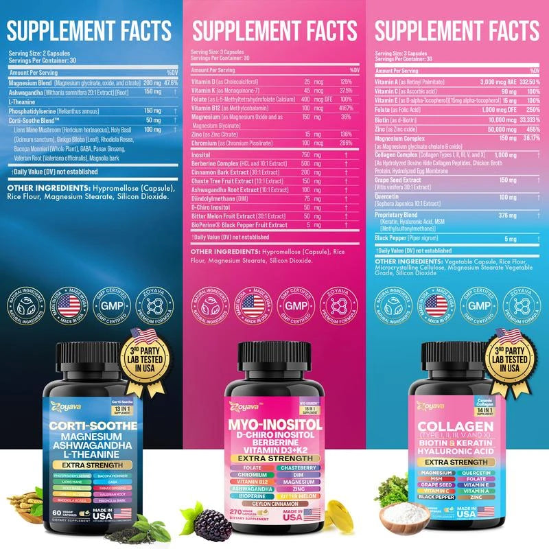 She Shines Set - Zoyava Ultimate Women's All-in-One Supplement with Corti-Soothe, Myo-Inositol, Collagen & Extra Strength Ingredients - Made in USA