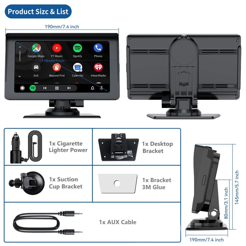 LAMTTO Portable Carplay Screen for car Android Auto Car Stereo with Car Play 7 Inch HD Touch Screen, Bluetooth 5.0 Car Stereo Receivers, AirPlay, GPS Navigation