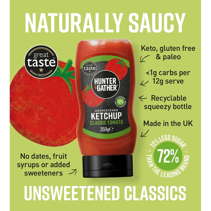 Hunter & Gather Unsweetened Ketchup Sauce | 350g Classic Ketchup Keto, Paleo, Low Carb & Vegan Friendly | Free from Added Sugar & Sweeteners