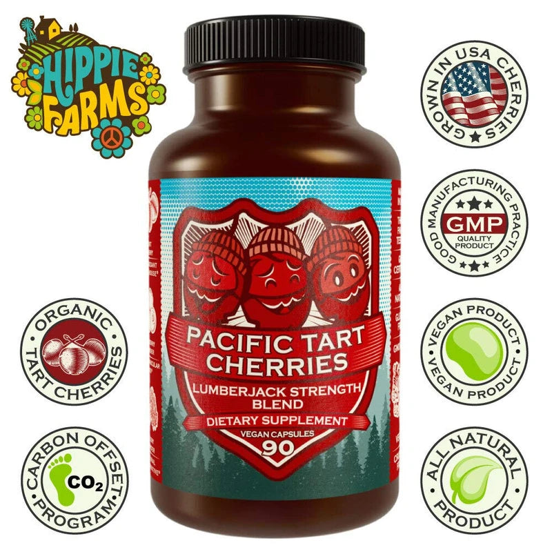 Hippie Farms Tart Cherry Capsules Grown in USA - Lumberjack Strength Blend - Tart Cherry Powder with Bilberry 90 Vegan Pills