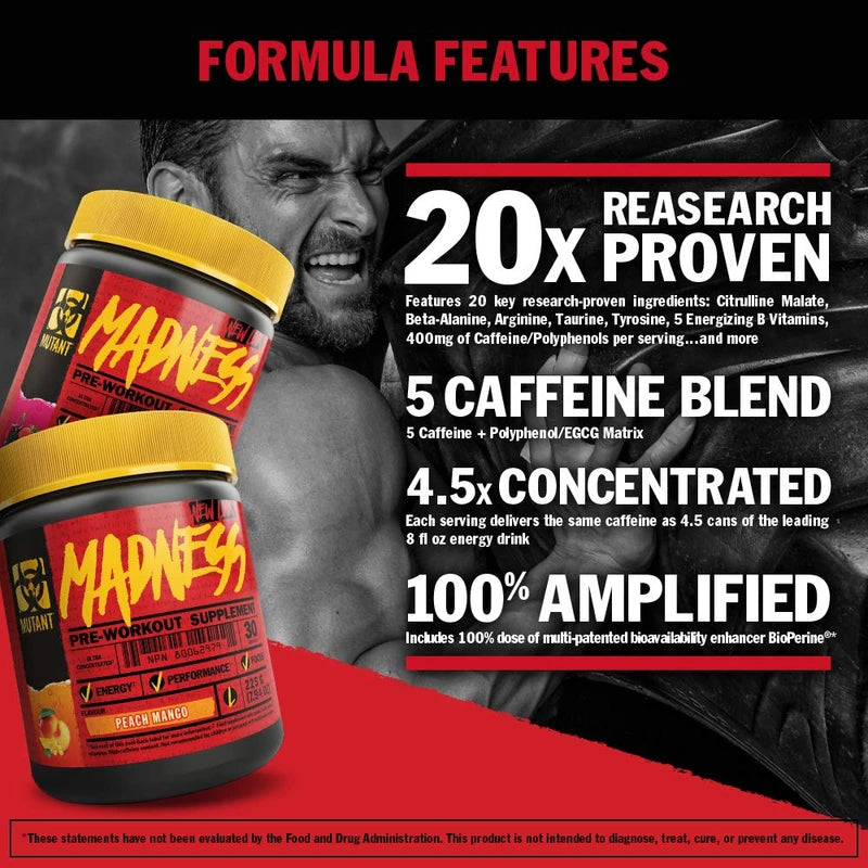 MUTANT Madness | Original Mutant Pre-Workout Powder| High-Intensity Workouts)| 30 Serving | 225 g (.83 lb) | Peach Mango