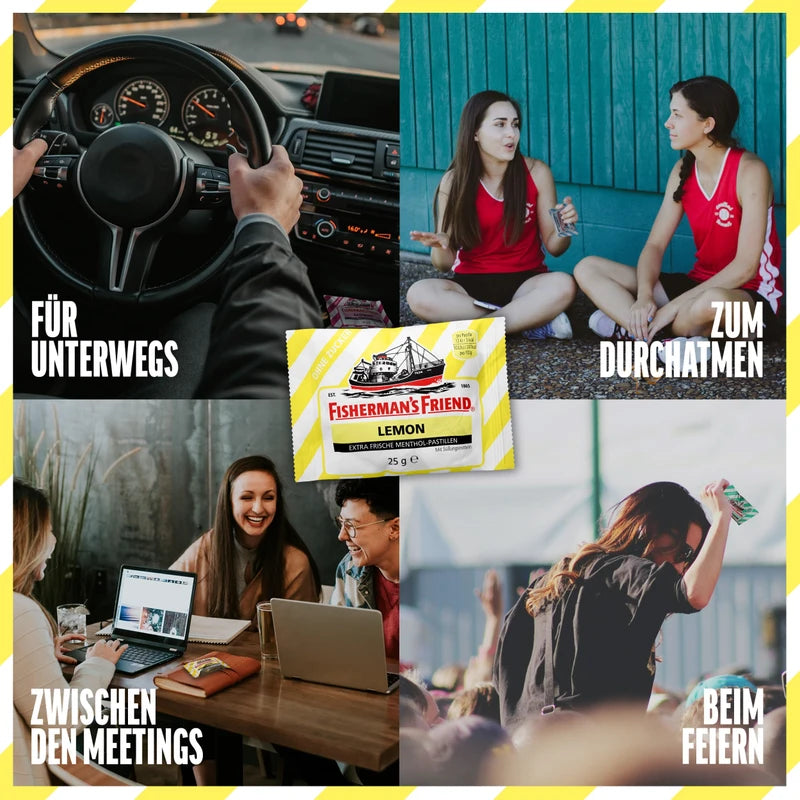 Fisherman's Friend Lemon, 24er Vorratsbox, Zitrone und Menthol Geschmack, zuckerfrei & vegan, Bonbons für frischen Atem, 24 x 25g