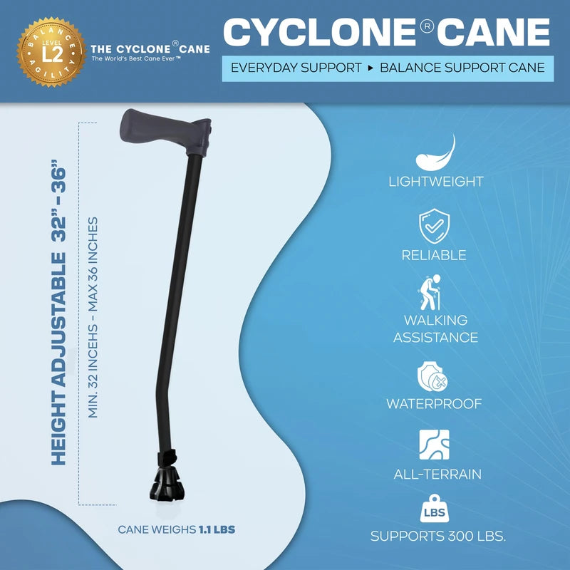 Dynamo Cyclone Cane - Ultimate Comfort, Stability and Balance - HSA/FSA Eligible - Adjustable Heavy Duty Walking Cane for Seniors, Men, Women - Stylish and Travel-Ready - Strong Support Cane (Black)
