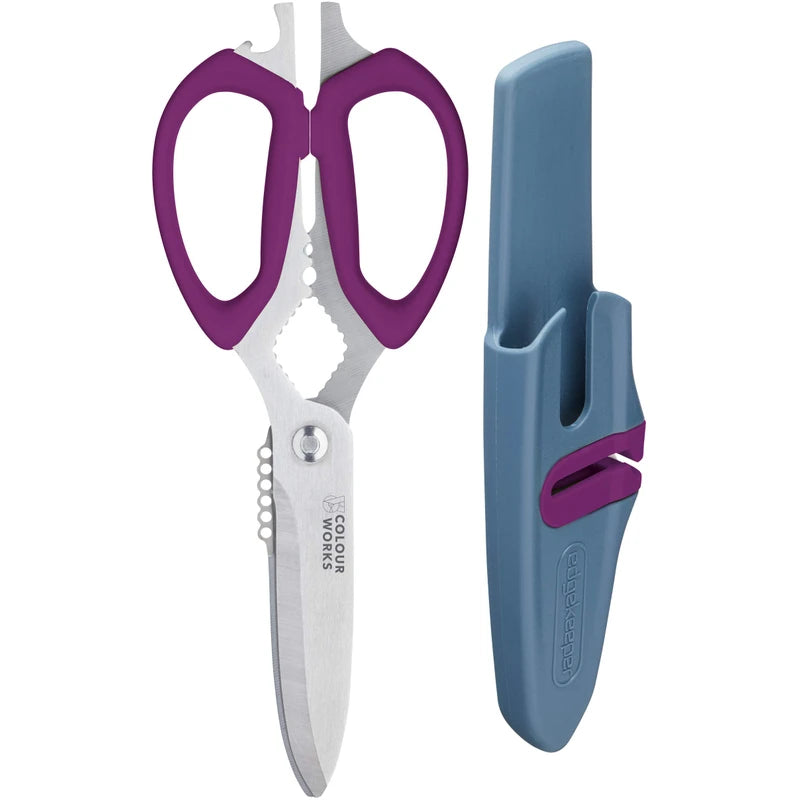 Colourworks 10 in 1 Multifunction Kitchen Scissors with Built-In Edgekeeper Scissor Sharpeners, Bottle Openers, Zester and More, Stainless Steel, Plum, 23 cm