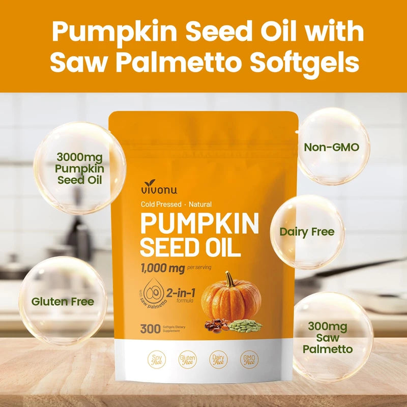 Pumpkin Seed Oil with Saw Palmetto Capsules | Cold Pressed, Pure Virgin Oil, Essential Fatty Acids & Phytosterols | 300 SoftgelsSupports Hair, Urinary, Bladder & Prostate Health | Non-GMO