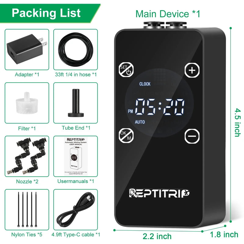 Updated Reptile Mister – Humidifier for Tanks, Amphibians, and Rainforest Plants with Timer and Manual Spray Functions