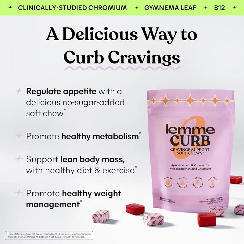 Lemme Curb Cravings Soft Chews - Reduce Appetite, Support Healthy Diet, Metabolism & Lean Body w/Clinically Studied Chromium, Gymnema & B12, No Added Sugar, Mixed Berry, 30 Count (Month Supply)