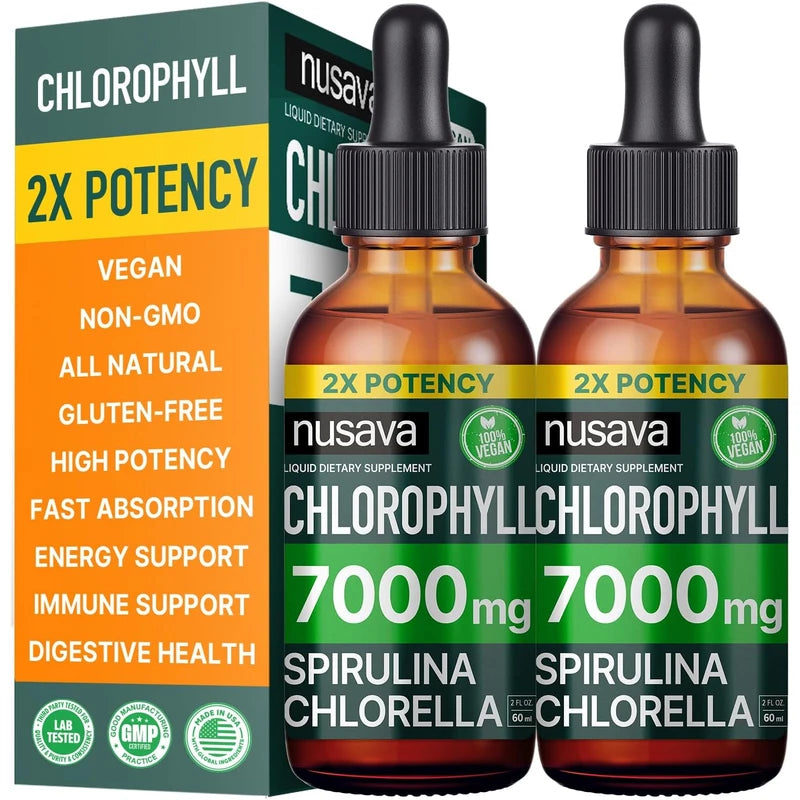 (2 Pack) Vegan Chlorophyll Liquid Drops 7000mg for Immune Support, Energy, Gut & Skin Health, 4-in-1 Liquid Chlorophyll Drops - 100mg, Spirulina, Chlorella, & Copper - Internal Deodorant, 4 Fl Oz