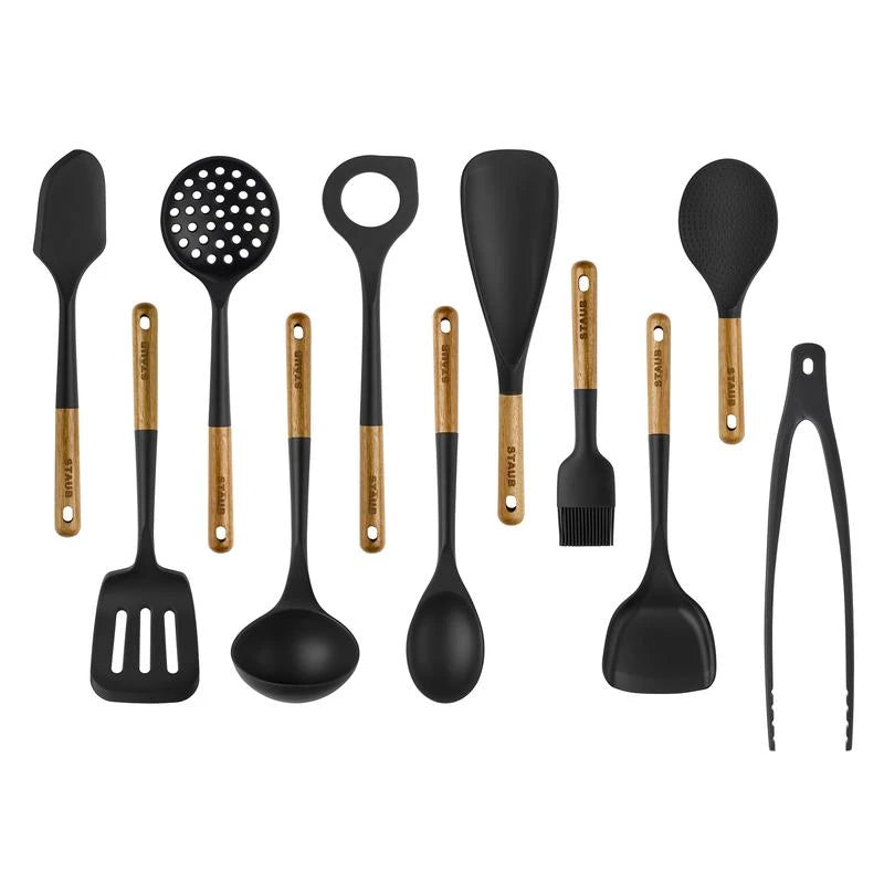 STAUB Silicone Kitchen Tools, Wood Handled Cooking Utensil Sets - Color: Matte Black, Size: 3-pc