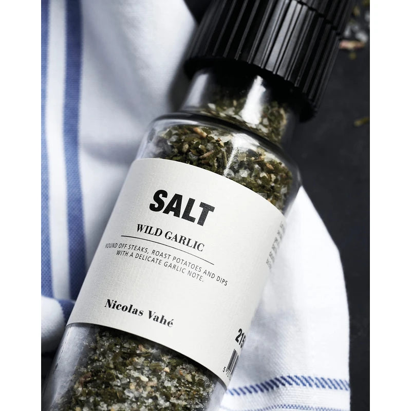 Nicolas Vahe Sea Salt with Wild Garlic, Ceramic Salt and Herb Mill, French Sea Salt in Danish Design