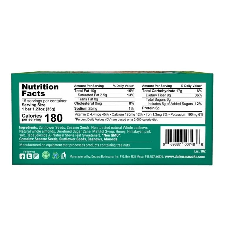 Dulzura All Natural Mixed Nuts + Seeds Crunchy Bars PK-16 GLUTEN FREE NON GMO