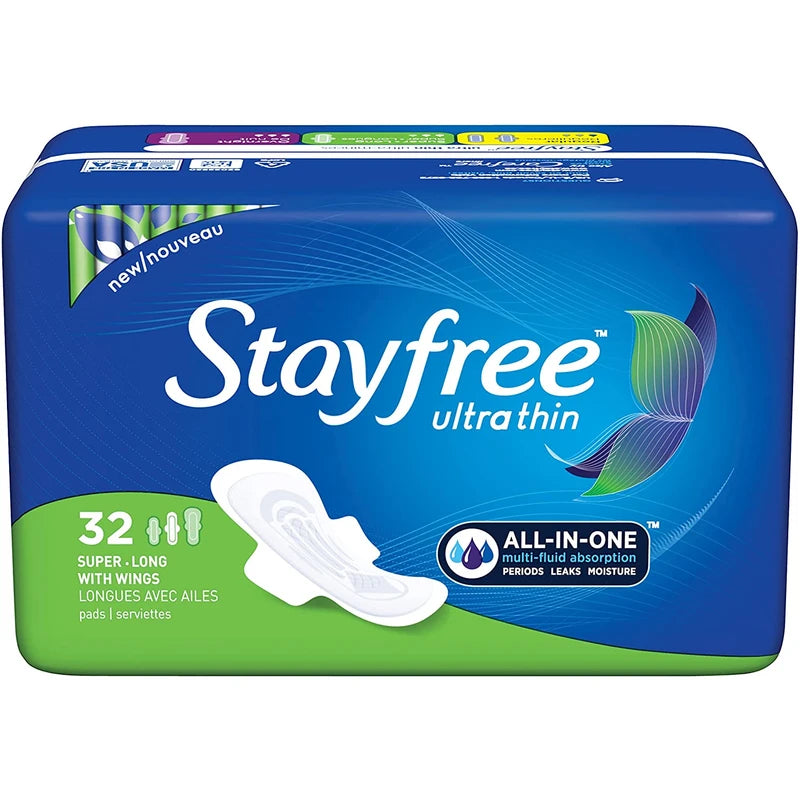 Stayfree Ultra Thin Super Long Pads with Wings For Women, Reliable Protection and Absorbency of Feminine Moisture, Leaks and Periods, 32 count