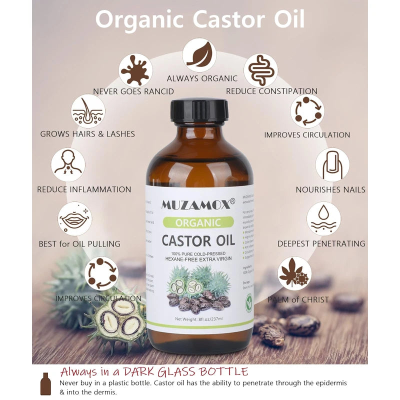 MUZAMOX MUZAMOX Castor Oil Organic Cold Pressed Unrefined Glass Bottle (8fl.oz/237ml), Castor Oil Pack Wrap Organic Cotton and Castor Oil Packs for Liver Detox