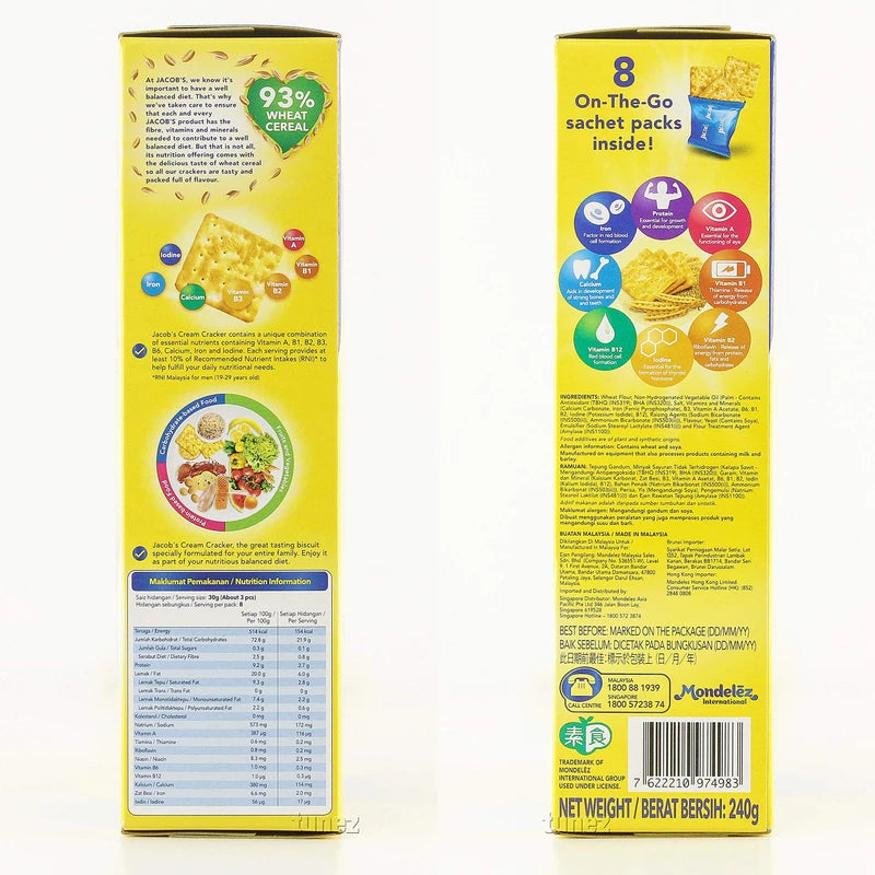 Mondelez Malaysia Jacob's Original Cream Crackers Wheat Cereal Multipack Breakfast Snacks Halal Food Biscuit Biskut 240g x 2 Packs (16 sachets)