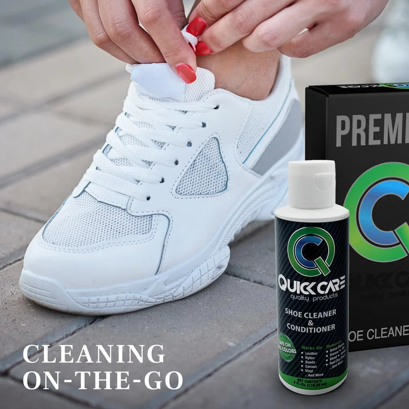 QuickCare Premium Shoe Cleaner with Conditioner, Brush & Sponge, Ultimate Cleaning Shoes Kit for Sneakers, Leather, Suede, Canvas, Mesh, Shoe Care Set, Foam Touch-Up Solution, 4 oz