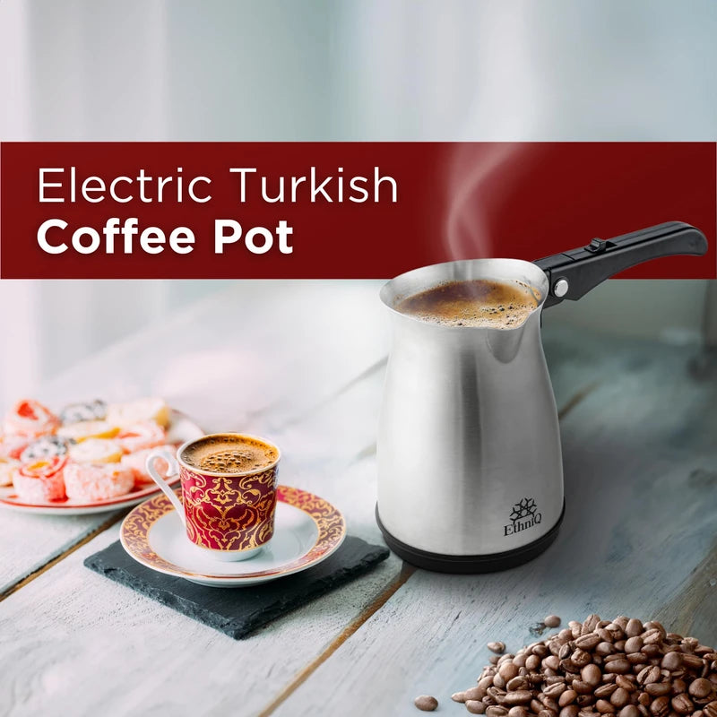 ETHNIQ Turkish Coffee Pot - Stainless Steel, 120V, 1 to 4 Cup Capacity, Fast Brewing, Delicious Cup of Turkish, Arabic & Greek Coffee Maker with Foldable Handle for Home & Travel & on-off Button