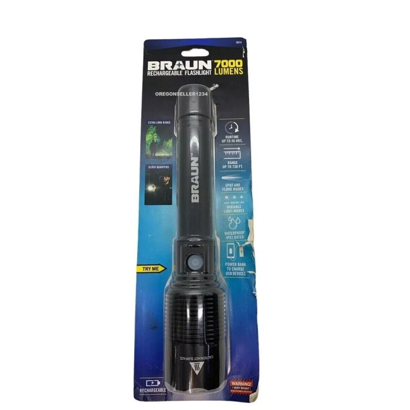 Braun 7000 LUMEN LED FLASHLIGHT RECHARGEABLE WATERPROOF SUPER BRIGHT WITH BATTERY BANK