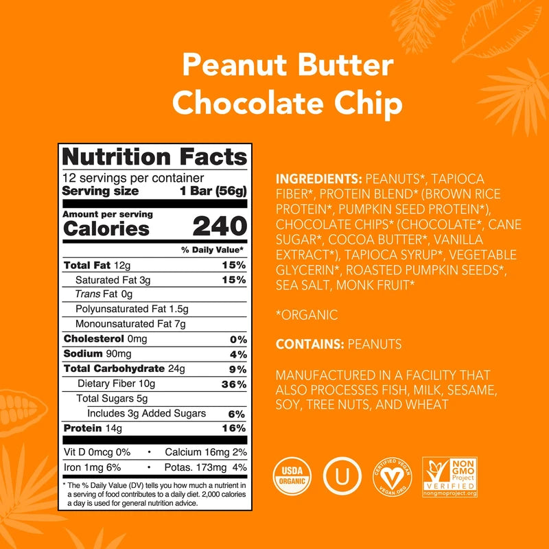 ALOHA Organic Plant Based Protein Bars |Peanut Butter Chocolate Chip | 1.98oz (Pack of 12) | Vegan, Low Sugar, Gluten Free, Paleo, Low Carb, Non-GMO, Stevia Free, Soy Free, No Sugar Alcohols