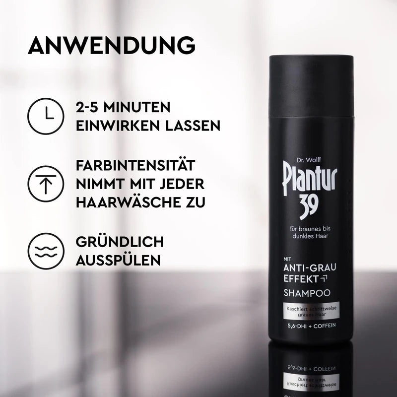 Plantur 39 Anti-grey effect shampoo, 1 x 200 ml, conceals gradually grey hair, for brown to dark hair, long-lasting result without dyeing