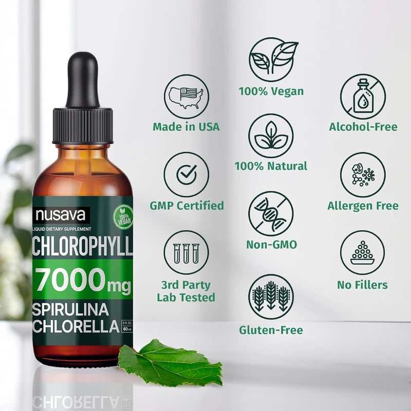 (2 Pack) Vegan Chlorophyll Liquid Drops 7000mg for Immune Support, Energy, Gut & Skin Health, 4-in-1 Liquid Chlorophyll Drops - 100mg, Spirulina, Chlorella, & Copper - Internal Deodorant, 4 Fl Oz